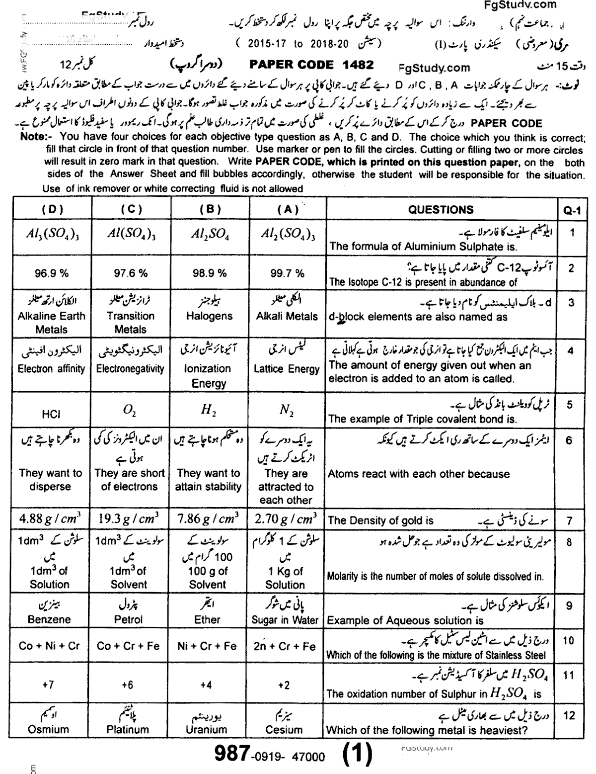 9th Class Chemistry Past Paper 2019 Group 2 Objective Sargodha Board